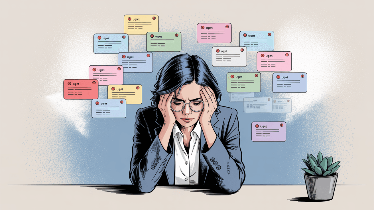 Professional overwhelmed by email notifications representing email anxiety and compulsive checking behavior
